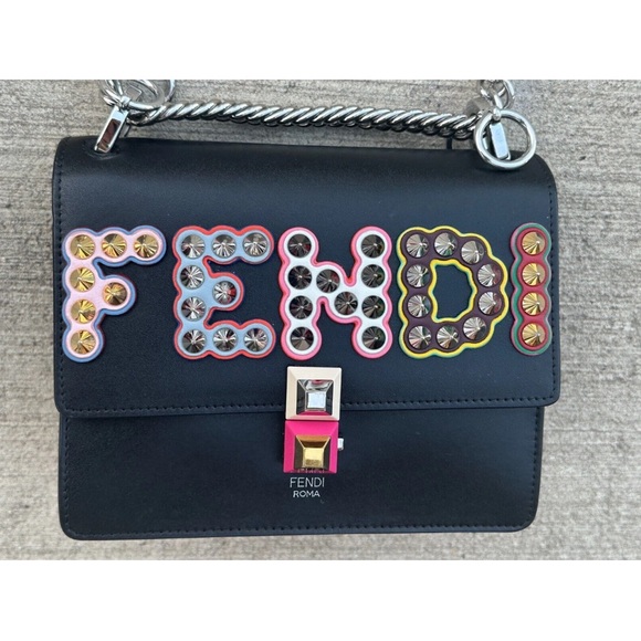 Fendi Handbags - Pre owned Fendi small Black Studded Logo Kan I Leather Crossbody Bag Multi Color